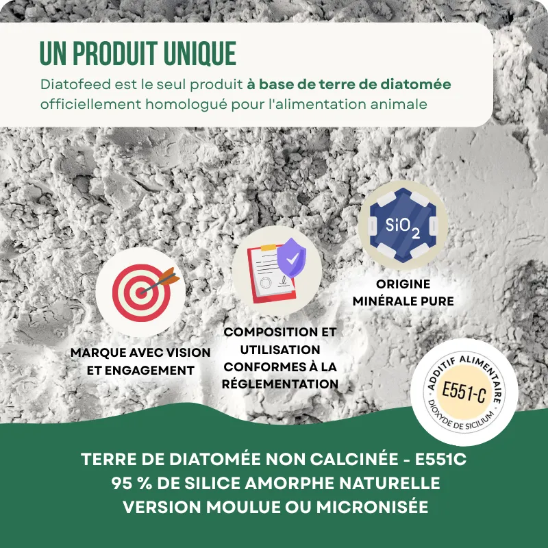 Diatofeed est un produit unique certifié pour la consommation animale.